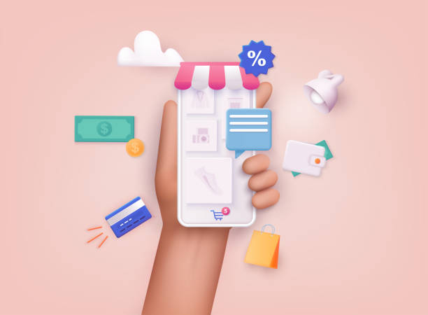 ilustracje wektora webowego 3d. ręka trzymając telefon komórkowy inteligentny telefon z aplikacją shopp. koncepcja zakupów online. - shopping stock illustrations