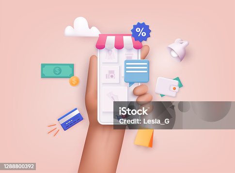 istock 3D Web Vector Illustrations. Hand holding mobile smart phone with shopp app. Online shopping concept. 1288800392
