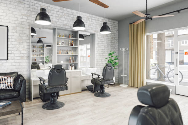 Barber Shop Interior of an empty modern barber shop. hair salon photos stock pictures, royalty-free photos & images
