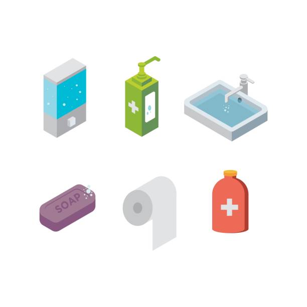 Covid19 Prevention Kit a Set of Sanitation Tools in Isometric Vector Illustration Icon hand water pump stock illustrations