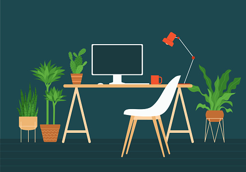istock Computer desk and chair with monitor. Home office, work place with indoor plants. The concept of remote work, freelancing, programming, coding, e-learning. Vector illustration 1288803971