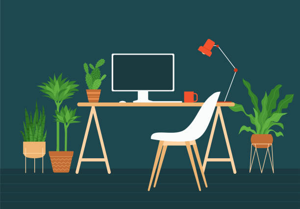 Computer desk and chair with monitor. Home office, work place with indoor plants. The concept of remote work, freelancing, programming, coding, e-learning. Vector illustration Computer desk and chair with monitor. Home office, work place with indoor plants. The concept of remote work, freelancing, programming, coding, e-learning. Vector illustration on dark background computer programming desk stock illustrations