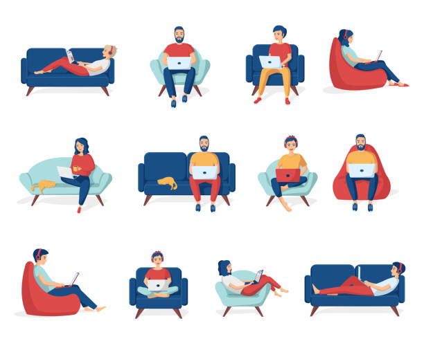 소파와 안락 의자에 노트북과 함께 앉아 젊은 남자와 여자의 컬렉션. 가정에서 원격 작업의 개념, 프리랜서, 거리 교육, e-러닝. 벡터 일러스트레이션 세트 - couch stock illustrations