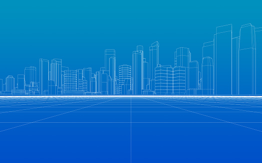 3d rendering of abstract wireframe cityscape with a blue gradient background.