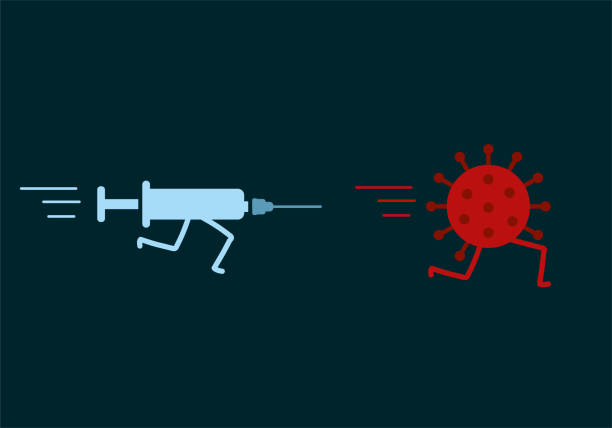 stříkačka s vakcínou pronásleduje koronavirus. lékařský koncept - smrtící injekce stock ilustrace