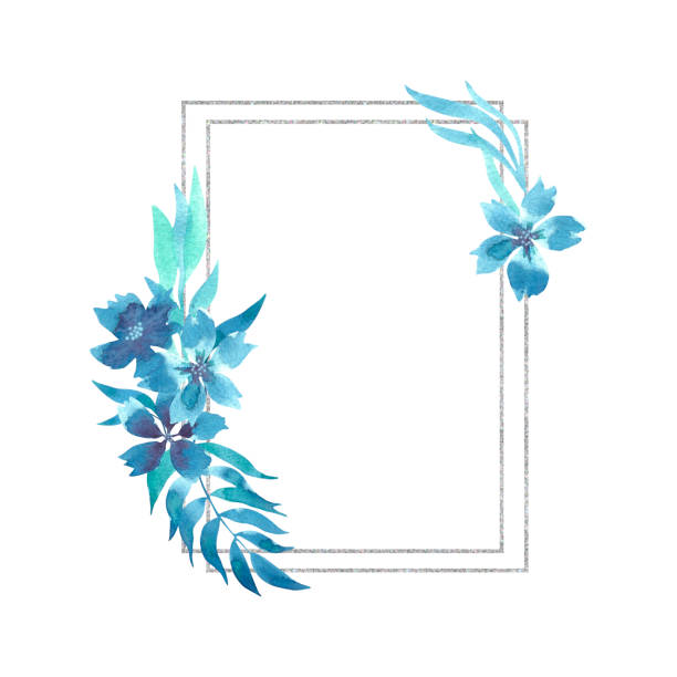 istock Watercolor floral frame with blue flowers and branches with a geometric silver element, isolated on a white background. For wedding invitations, greeting cards, textiles. 1288806694