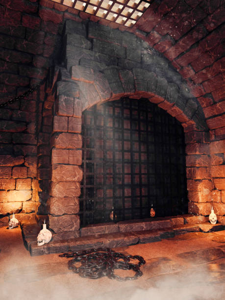 Dungeon cell with chains and candles Fantasy cell with chains and skull candles in a medieval dungeon at night. 3D render. dungeon medieval prison prison cell stock pictures, royalty-free photos & images