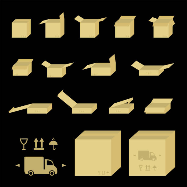 zestaw ikon pudełek do paczek lub dostawy. znakowanie ładunku - black background cardboard box computer icon symbol stock illustrations