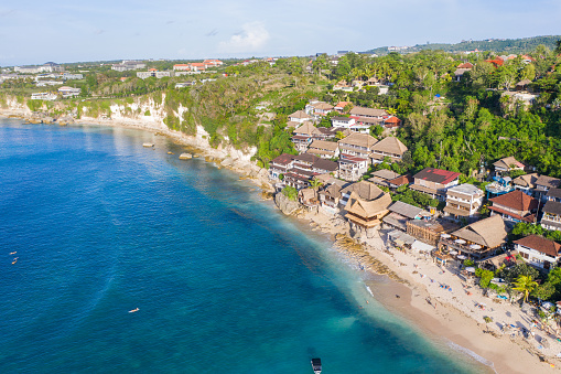 Bali - Warungs, cafes and bars on the Bingin Beach, view from above.