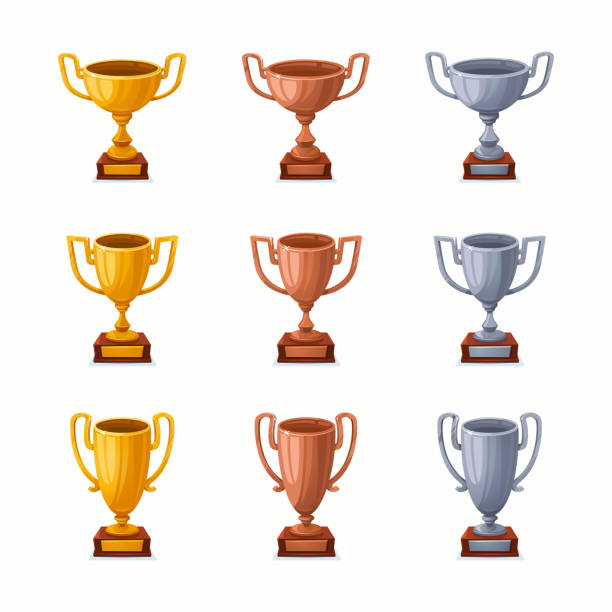 istock Gold, silver and Bronze trophy cups. Trophy award cups set with different shapes - 1st, 2nd and 3rd place winner trophies. Flat style vector illustration 1288810641