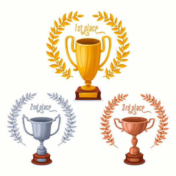 ilustraciones, imágenes clip art, dibujos animados e iconos de stock de copas de trofeo de oro, plata y bronce con coronas de laurel. copas de premio de trofeo con diferentes formas - trofeos ganadores del 1er, 2o y 3er lugar. ilustración vectorial de estilo de dibujos animados - podium medal gold medal ribbon