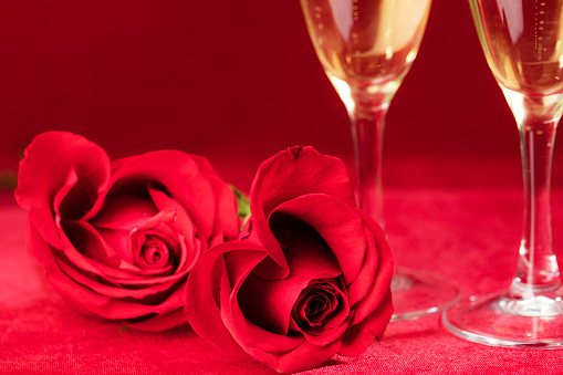 Sparkling wine champagne and roses on red background valentines day