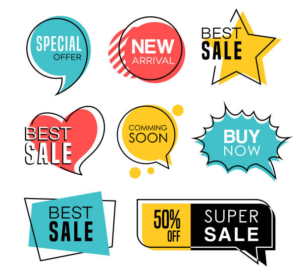 verkauf tags in sprachblasen design - discountladen stock-grafiken, -clipart, -cartoons und -symbole