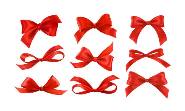 Vector illustration of Gift bows silk red ribbon with decorative bow. Realistic luxury festive satin tape for decor or holiday packaging 3d vector set isolated on white background. Vector illustration