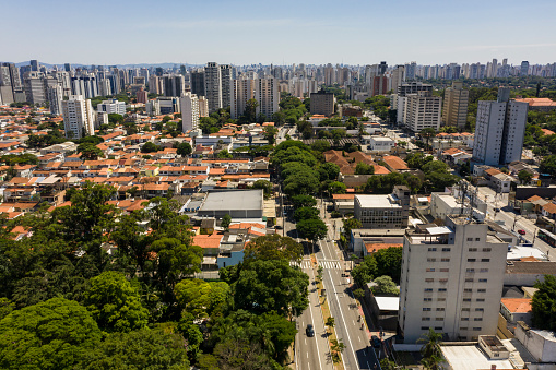The aerial view of the city of Sao Paulo.\nSao Paulo city, Santo Amaro street, Brazil.