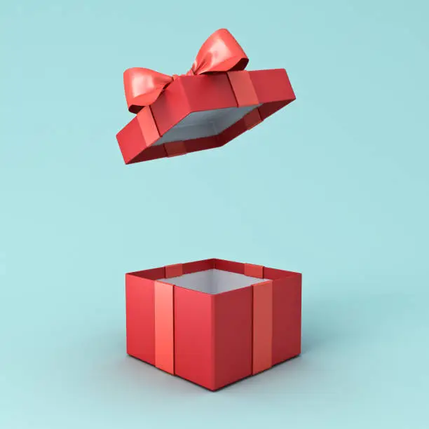 Open present box or red gift box with red ribbons and bow isolated on green blue pastel color background with shadow 3D rendering