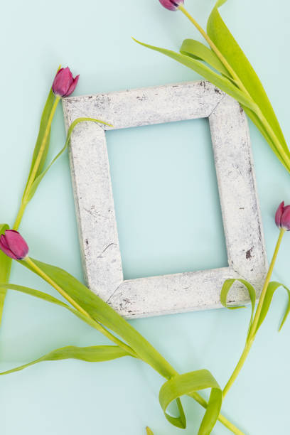 istock Whitewashed wooden frame with pink tulips on blue background 1288826473