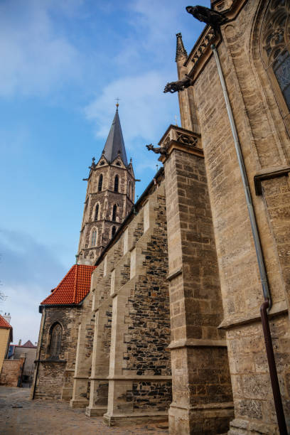 medieval stone st. bartholomew´s church in autumn day, arched windows, chimeras and gargoyles, gothic cathedral with belfry in kolin, central bohemia, czech republic, november 28, 2020 - medieval autumn cathedral vertical imagens e fotografias de stock