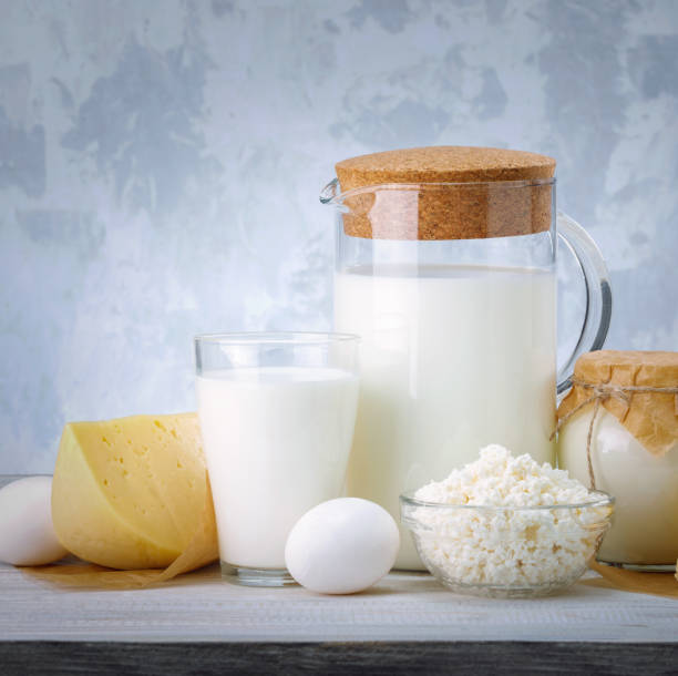 istock Still life with dairy product on wooden grey table. 1288830214