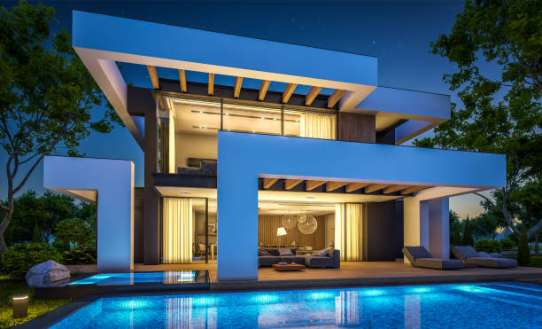 istock 3d rendering of modern house in luxurious style in night 1288830935