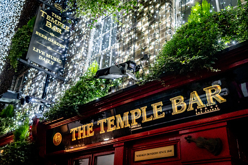 Door sign of the iconic Temple Bar in Dublin city centre at christmas, with christmas lights lighting the scene
