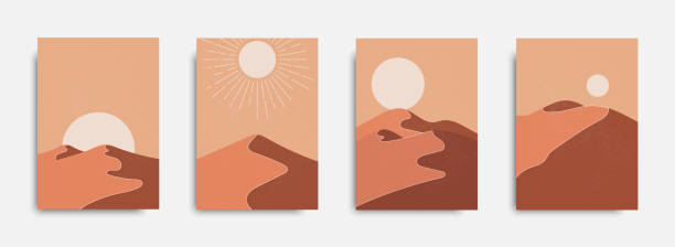 Abstract contemporary aesthetic background with landscape, desert, sand dunes and sun. Terracotta colors. Boho wall decor. Abstract contemporary aesthetic background with landscape, desert, sand dunes and sun. Terracotta colors. Boho wall decor. terra stock illustrations