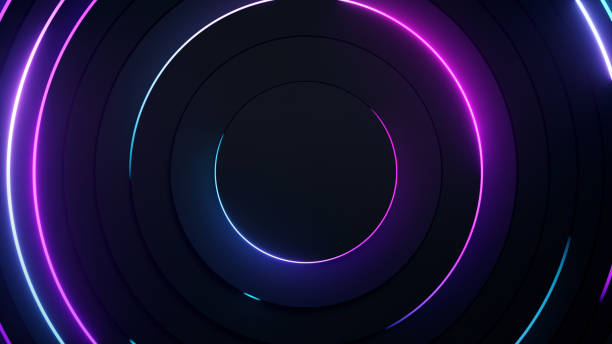 Radial abstract neon background. Laser neon lines move in a circle along a circular dark geometry. Conceptual technology background. Blue purple light spectrum. 3d illustration stock photo