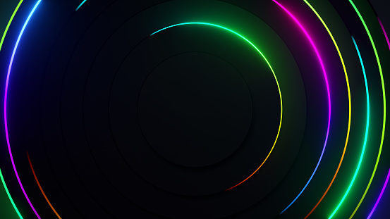Radial abstract neon background. Laser neon lines move in a circle along a circular dark geometry. Conceptual technology background. Rainbow light spectrum. 3d illustration