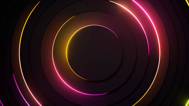 istock Radial abstract neon background. Laser neon lines move in a circle along a circular dark geometry. Conceptual technology background. Yellow pink light spectrum. 3d illustration 1288833212
