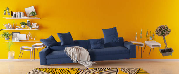 panoramic view. zero gravity living room. levitation concept - cair no sofá imagens e fotografias de stock