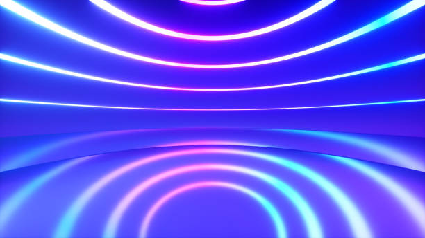istock A spherical room with bright neon lighting with an offset effect. Business background. 3d illustration 1288833328