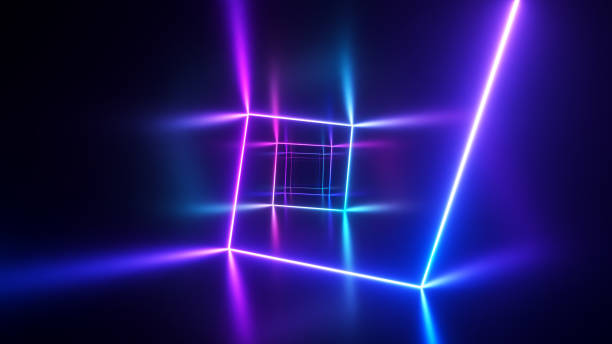 istock Endless flight in the corridor with a laser neon curve. Modern ultraviolet lighting. Blue purple light spectrum. 3d illustration 1288833550