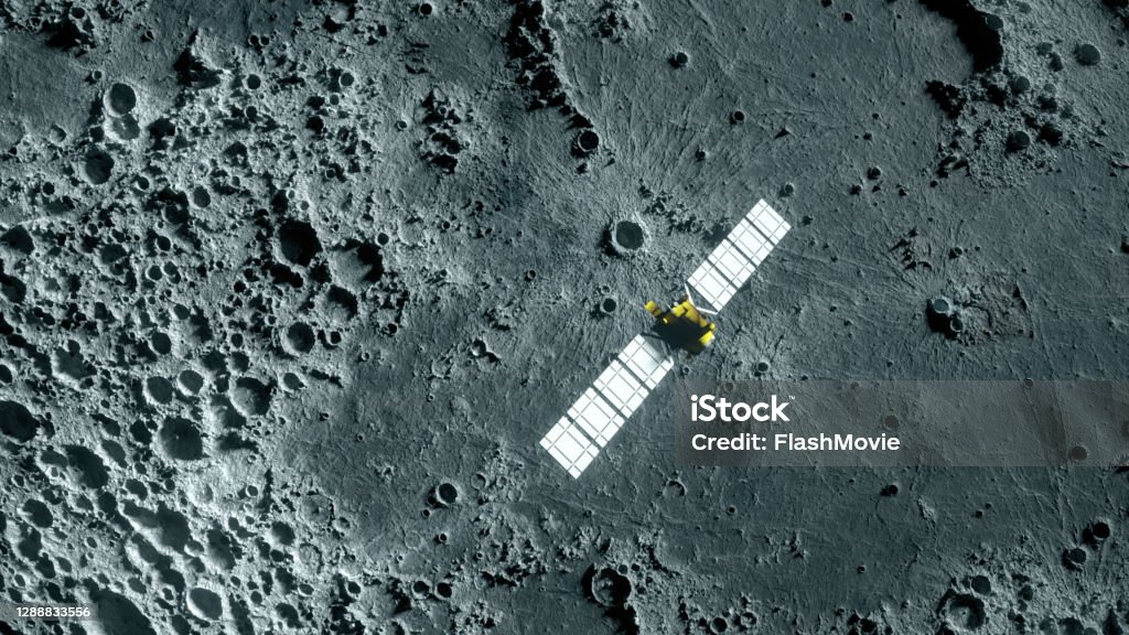 Textured surface of the moon in motion close-up. Satellite moving along the moon. 3d illustration. Elements of this image furnished by NASA. Astronaut Stock Photo