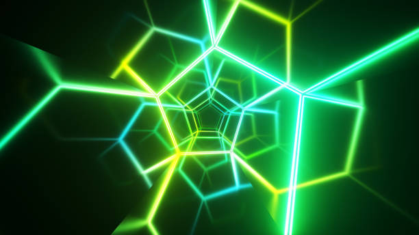 istock Endless flight in the corridor with a laser neon curve. Modern ultraviolet lighting. Blue green light spectrum. 3d illustration 1288833571