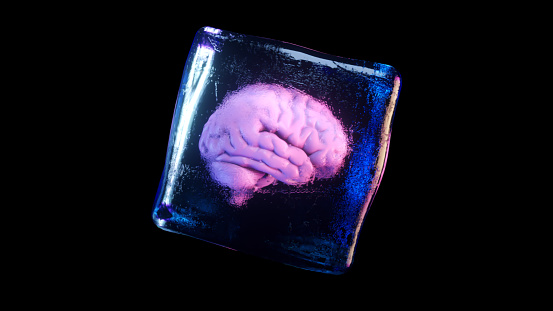A frozen human brain inside a spinning ice cube. 3d illustration