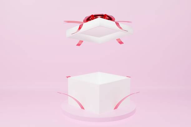 istock Open white gift box with red ribbon on circle podium on pink background. Surprise concept. 3D Rendering illustration. 1288833843
