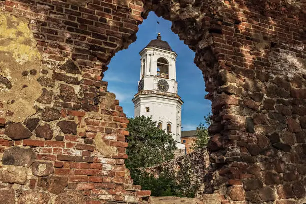 Vyborg Russia-June 2020: Medieval old dilapidated clock tower.