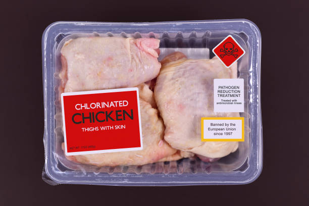 istock Concept for chlorinated chicken with pack of raw chicken thighs with warning label 1288836036