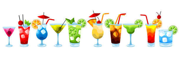 zestaw ikon koktajli alkoholowych. - gin tonic water martini olive stock illustrations