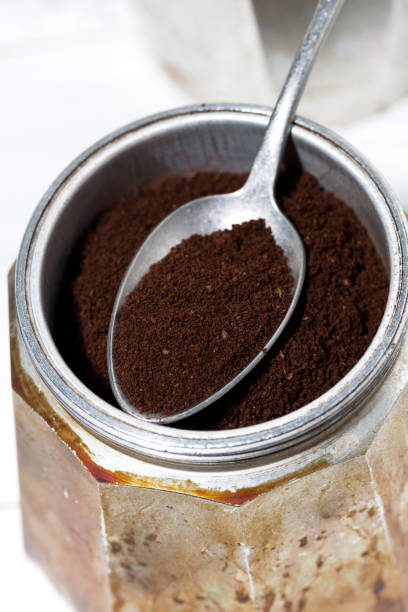 istock ground coffee and spoon in geyser coffee machine, vertical closeup 1288839680