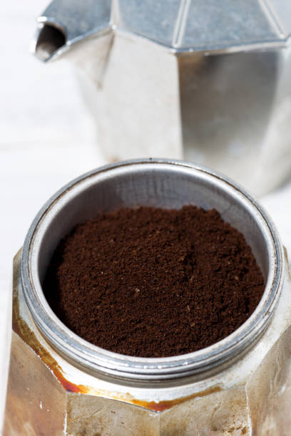 istock ground coffee in a geyser coffee machine, closeup vertical 1288839727