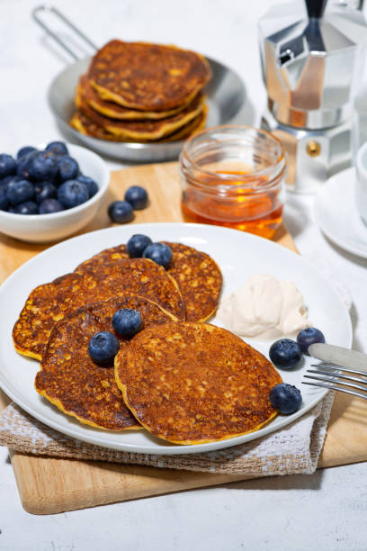 istock homemade pancakes with blueberries and yogurt for breakfast, vertical 1288840042
