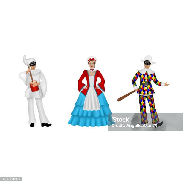 Carnival Masks Italian Traditional Costumes Pulcinella Colombina And  Arlecchino Stock Illustration - Download Image Now - iStock