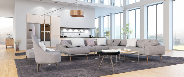 Modern Living Room Interior Panoramic View. 3d Render