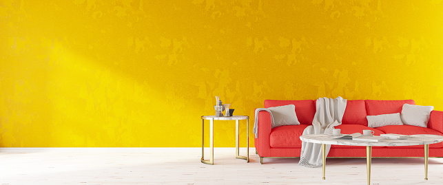 Yellow Interior of Living Room with Sofa Panorama. 3d Render