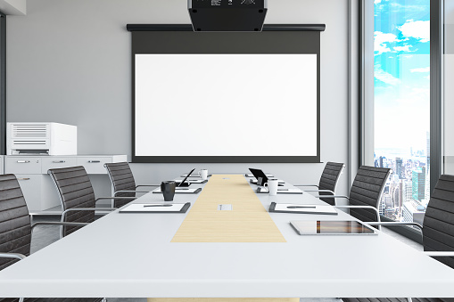 Board Room with Empty Projection Screen. 3d Render