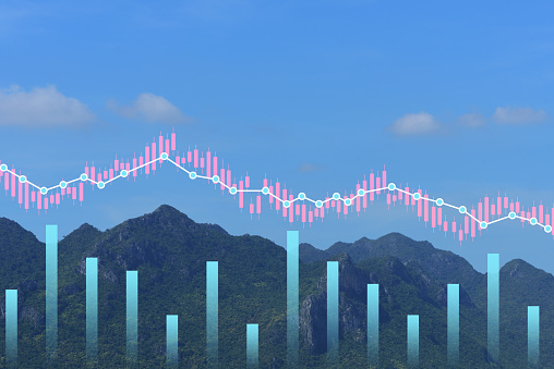 Business graph with 3D chart with upward arrow