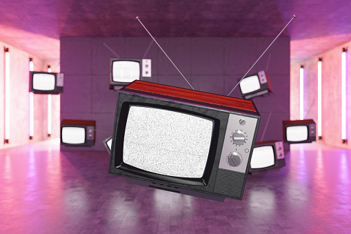 Pile of Old Televisions in the Air with Neon Lights. 3d Render