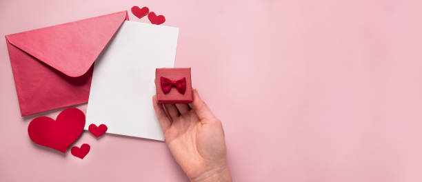 istock Valentines Day gift. Proposal of marriage, flat lay, banner 1288843075