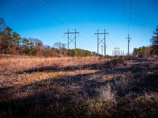 осенний пейзаж с электрическими пилонами на лугу - power supply single line in a row sending стоковые фото и изображения